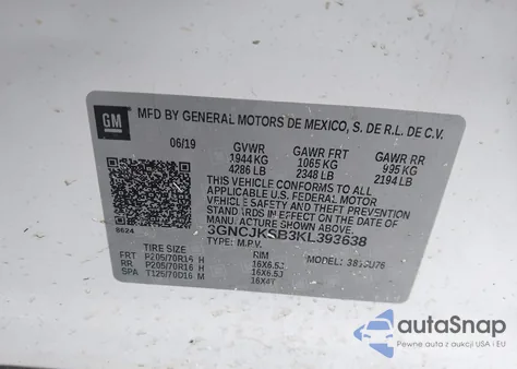 2019 Chevrolet Trax Ls из США, поврежденный, VIN 3GNCJKSB3KL393638